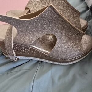 SHEIN Glitter Slingback Wedges in Silver